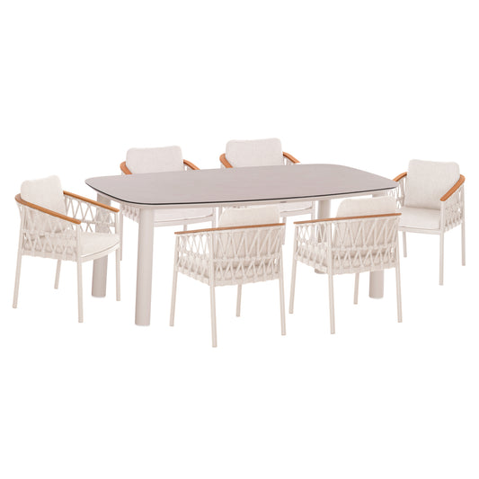 OUTDOOR DINING SET 7PCS DOSUN HM10910.02 CREAM WHITE ALUMINUM--ROPE & OLEFIN CUSHIONS IN BEIGE