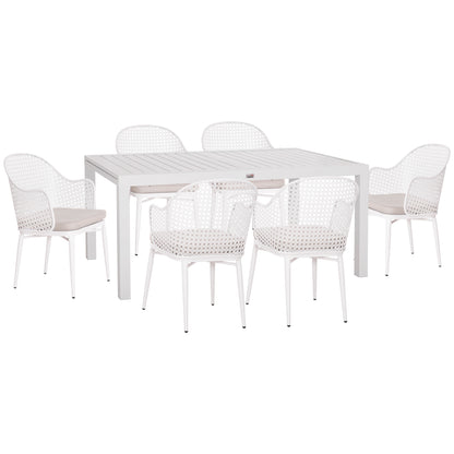 OUTDOOR DINING SET KRUM HM21147 DINING TABLE WITH 6 ARMCHAIRS--WHITE ALUMINUM