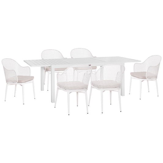 OUTDOOR DINING SET KRUM HM21147 DINING TABLE WITH 6 ARMCHAIRS--WHITE ALUMINUM