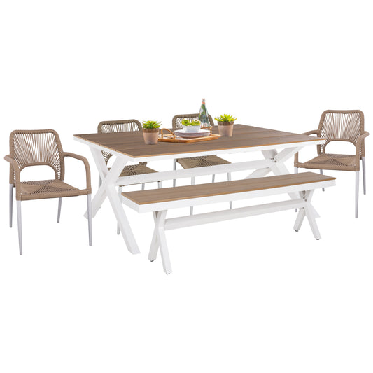OUTDOOR DINING SET 6PCS TAWNEE HM21108 WITH TABLE-BENCH-ARMCHAIRS & CHAIRS