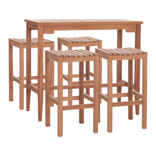 SET BAR TABLE WITH 4 BAR STOOLS NIKOL HM10916 TEAK WOOD IN NATURAL COLOR