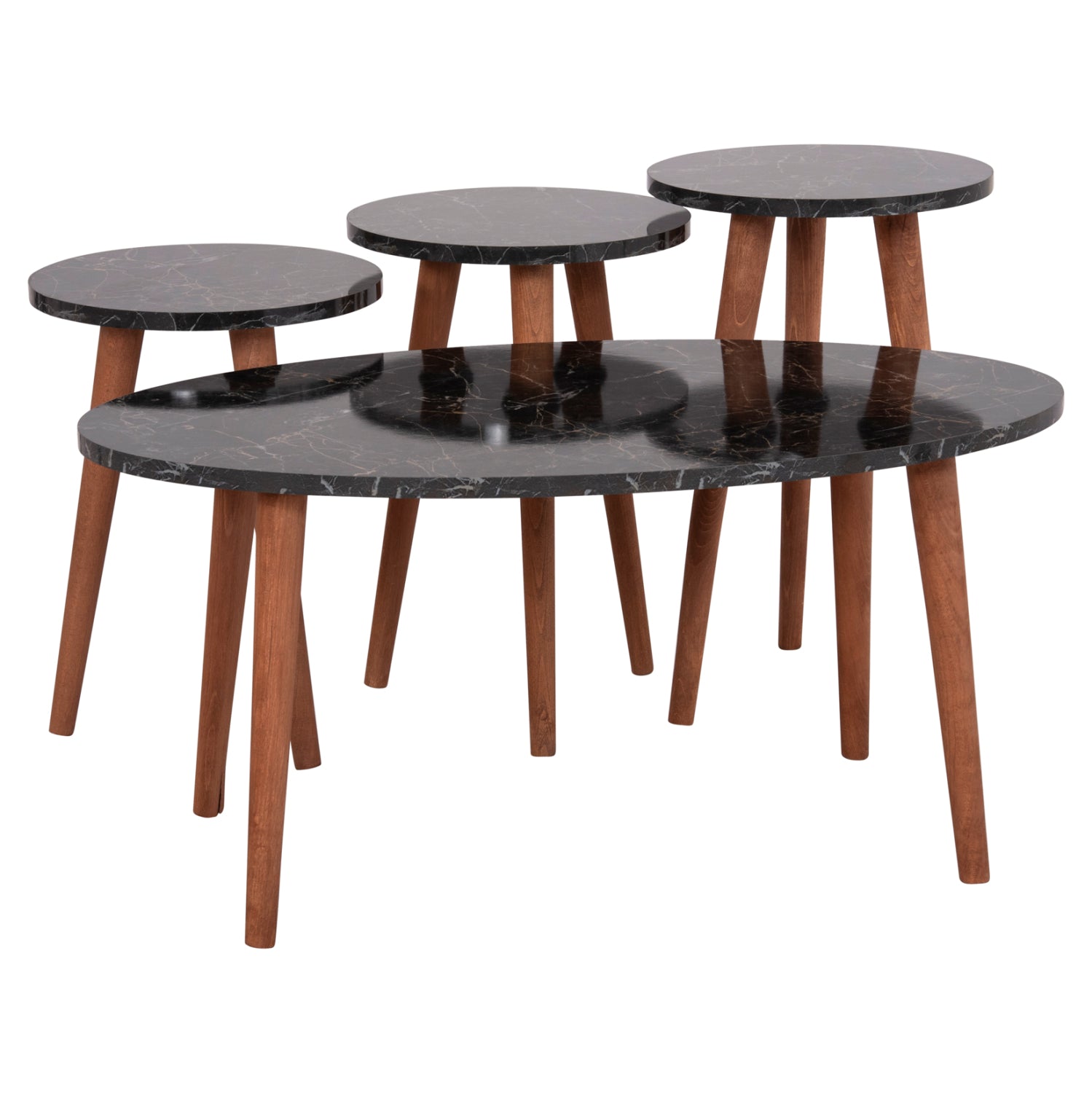 SET OF COFFEE TABLE & 3 SIDE TABLES VITAL HM18180.02 MELAMINE IN BLACK MARBLE-WOODEN LEGS IN WALNUT