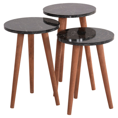 SET OF COFFEE TABLE & 3 SIDE TABLES VITAL HM18180.02 MELAMINE IN BLACK MARBLE-WOODEN LEGS IN WALNUT