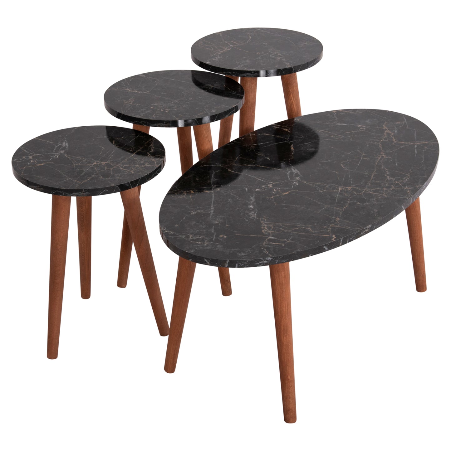 SET OF COFFEE TABLE & 3 SIDE TABLES VITAL HM18180.02 MELAMINE IN BLACK MARBLE-WOODEN LEGS IN WALNUT