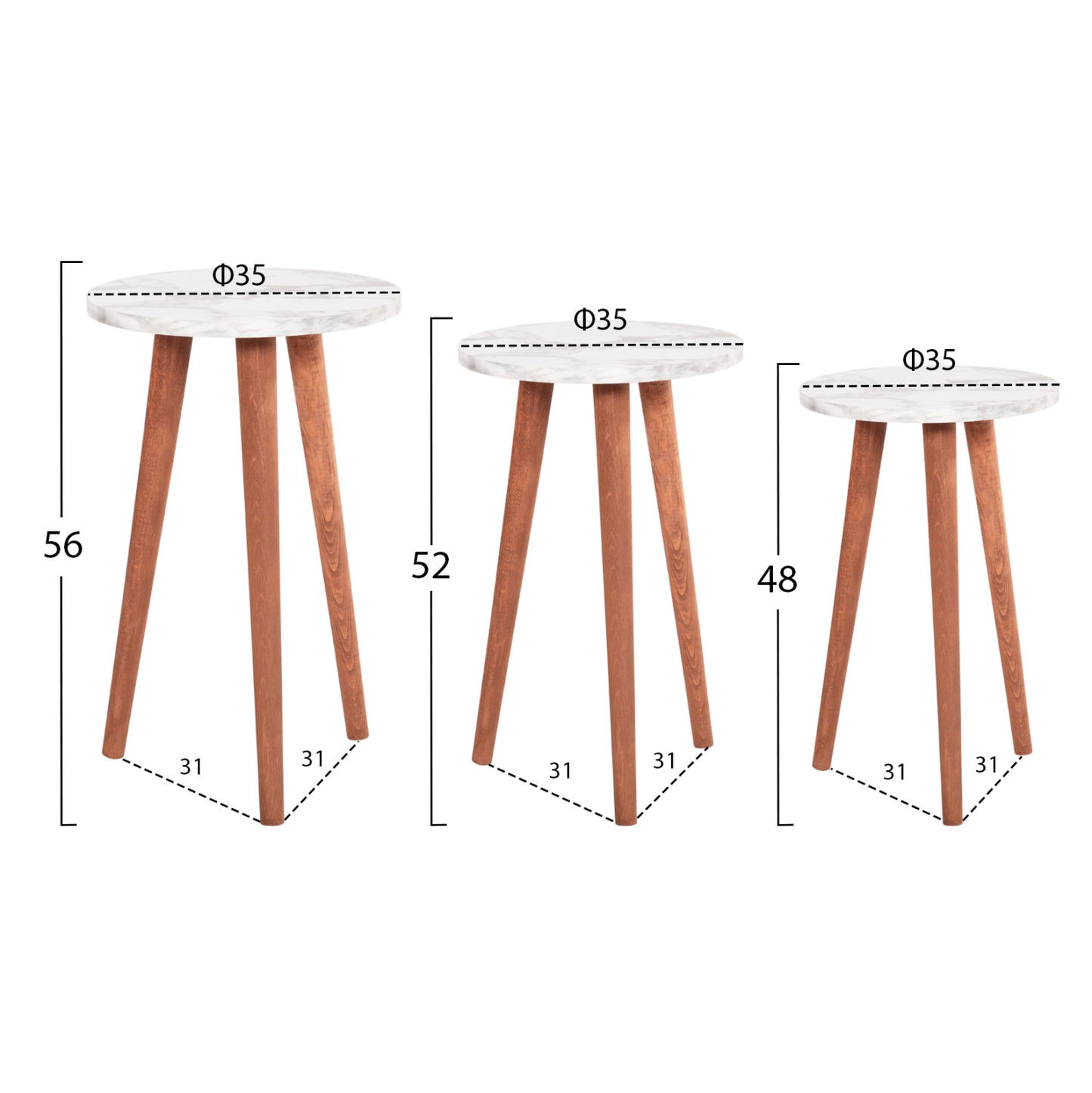 SET OF COFFEE TABLE & 3 SIDE TABLES VITAL HM18180.03 MELAMINE IN WHITE MARBLE-WOODEN LEGS IN WALNUT