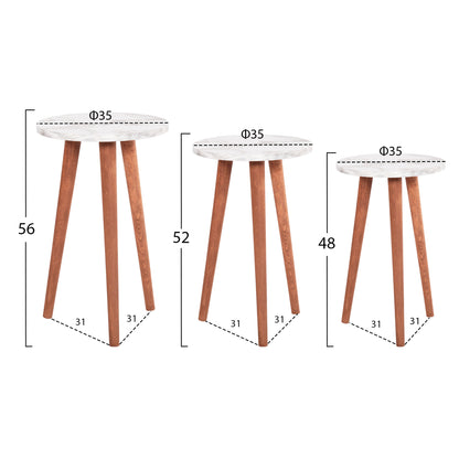 SET OF COFFEE TABLE & 3 SIDE TABLES VITAL HM18180.03 MELAMINE IN WHITE MARBLE-WOODEN LEGS IN WALNUT