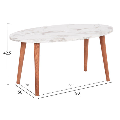 SET OF COFFEE TABLE & 3 SIDE TABLES VITAL HM18180.03 MELAMINE IN WHITE MARBLE-WOODEN LEGS IN WALNUT