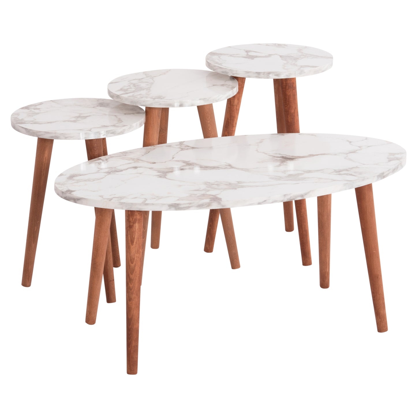 SET OF COFFEE TABLE & 3 SIDE TABLES VITAL HM18180.03 MELAMINE IN WHITE MARBLE-WOODEN LEGS IN WALNUT