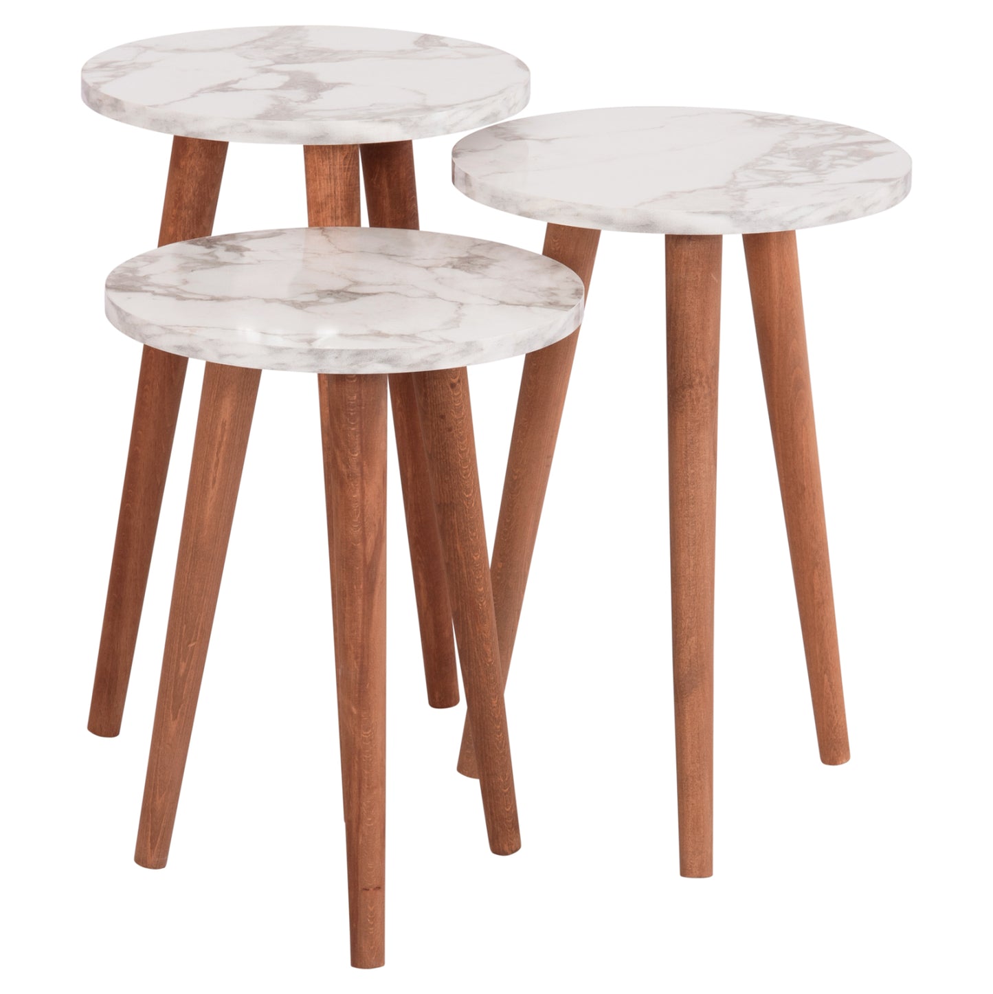 SET OF COFFEE TABLE & 3 SIDE TABLES VITAL HM18180.03 MELAMINE IN WHITE MARBLE-WOODEN LEGS IN WALNUT