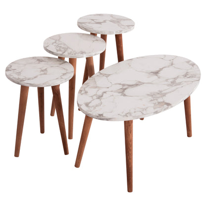 SET OF COFFEE TABLE & 3 SIDE TABLES VITAL HM18180.03 MELAMINE IN WHITE MARBLE-WOODEN LEGS IN WALNUT