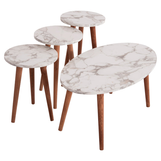 SET OF COFFEE TABLE & 3 SIDE TABLES VITAL HM18180.03 MELAMINE IN WHITE MARBLE-WOODEN LEGS IN WALNUT