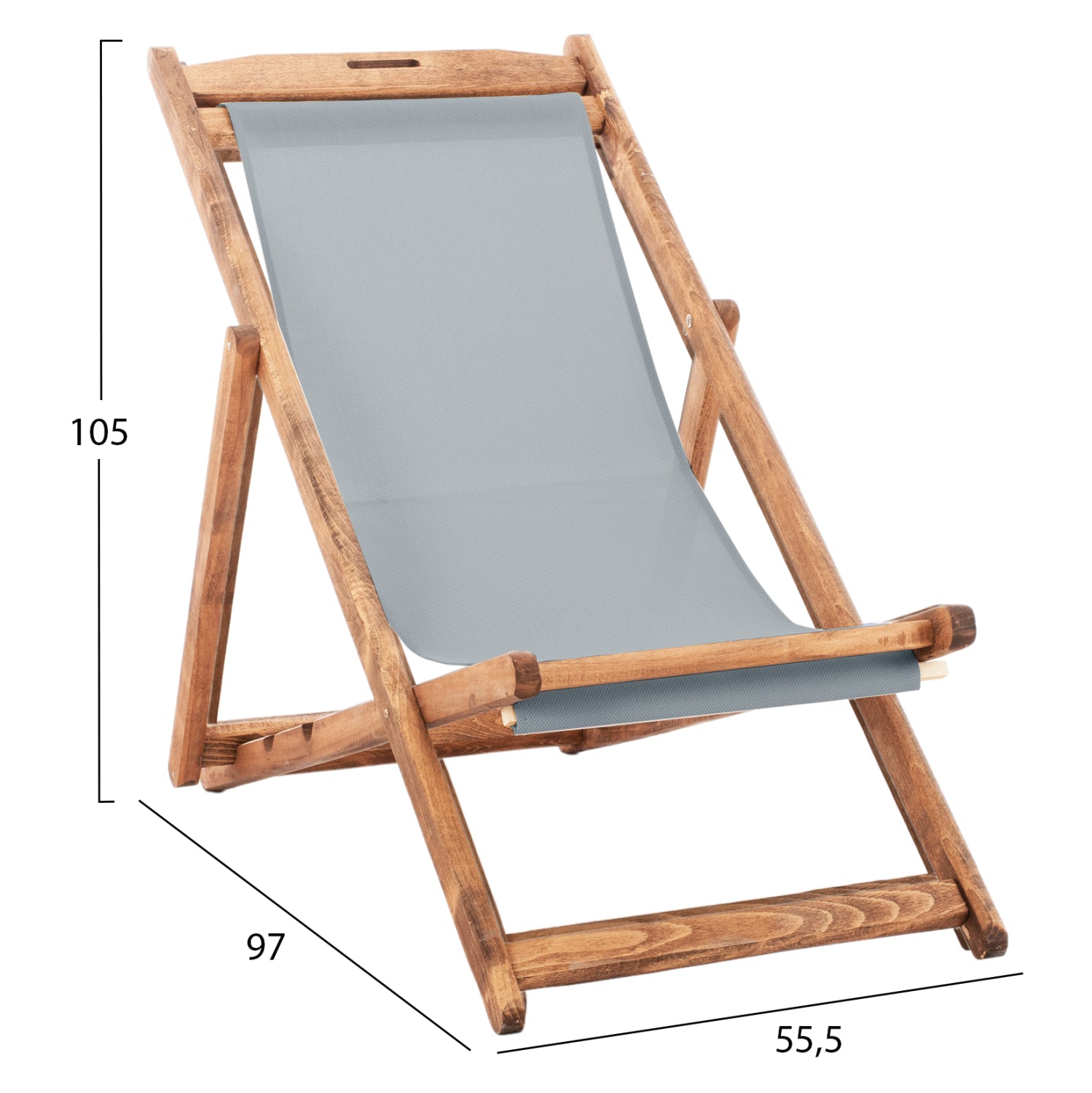 BEACH CHAIR WITH TEXTILENE FABRIC IN GREY LIMNOS HM11711.10T BEECH WOOD IN NATURAL 55.5x97x105H