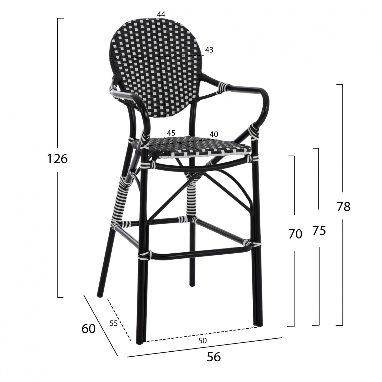 ALUMINUM STOOL BAMBOO LOOK WITH WICKER BLACK WHITE HM5794.02 56x60x126 cm.