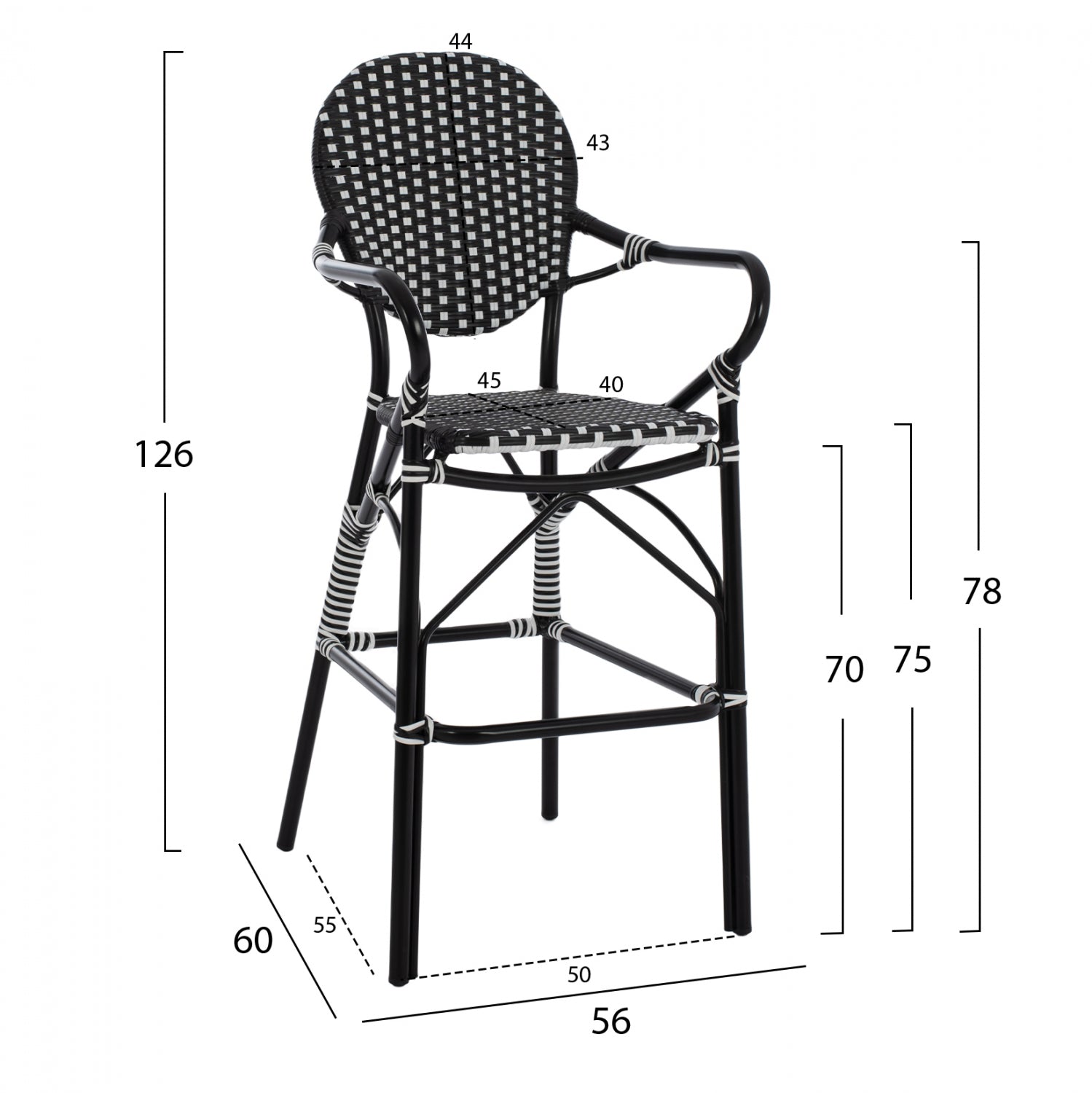 ALUMINUM STOOL BAMBOO LOOK WITH WICKER BLACK WHITE HM5794.02 56x60x126 cm.
