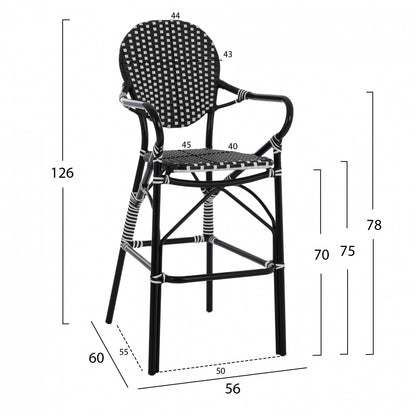 ALUMINUM STOOL BAMBOO LOOK WITH WICKER BLACK WHITE HM5794.02 56x60x126 cm.
