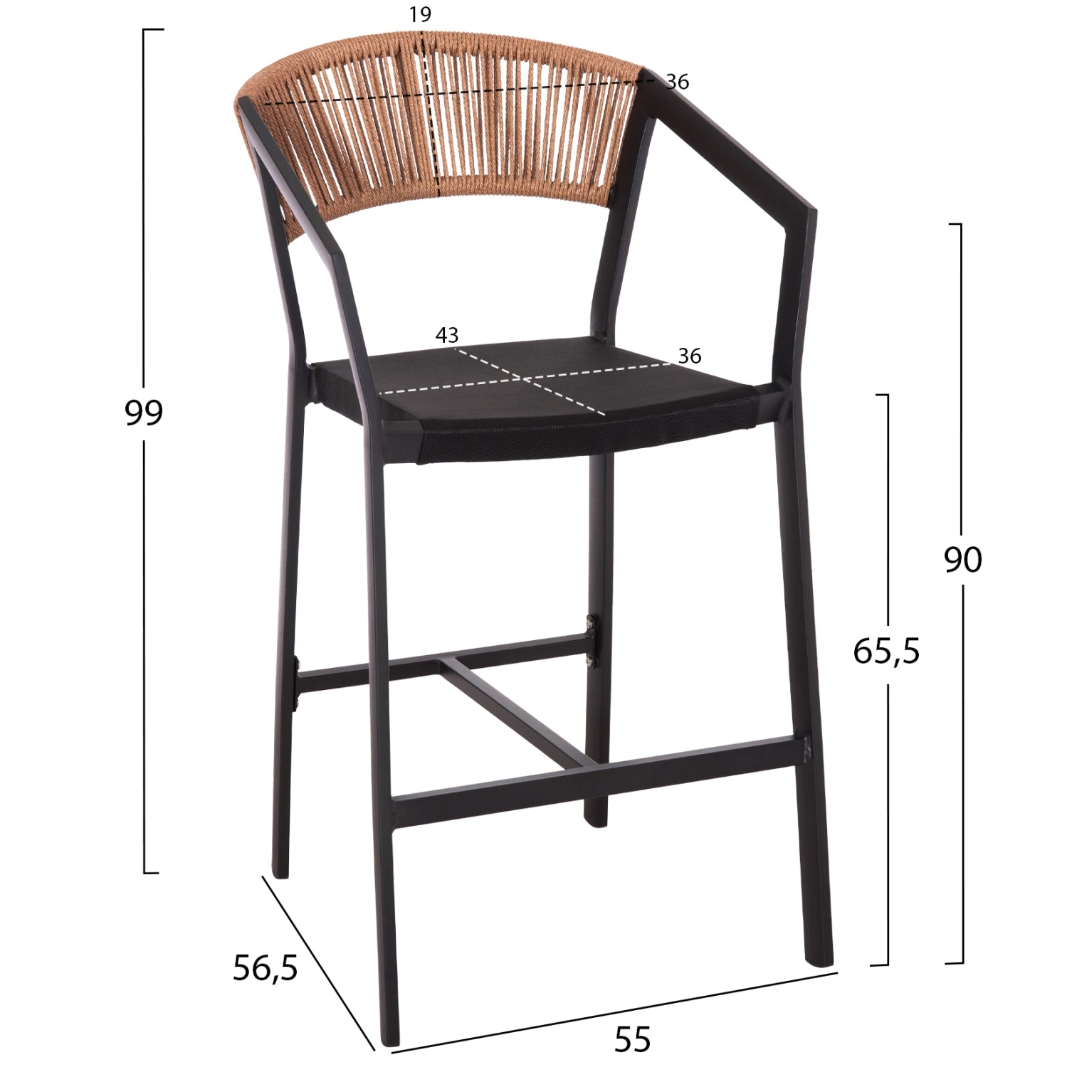 BAR STOOL ALUMINUM BLACK HM5892.15 MED.HEIGHT BLACK TEXTLINE&BEIGE RATTAN 55x56.5x99Hcm.