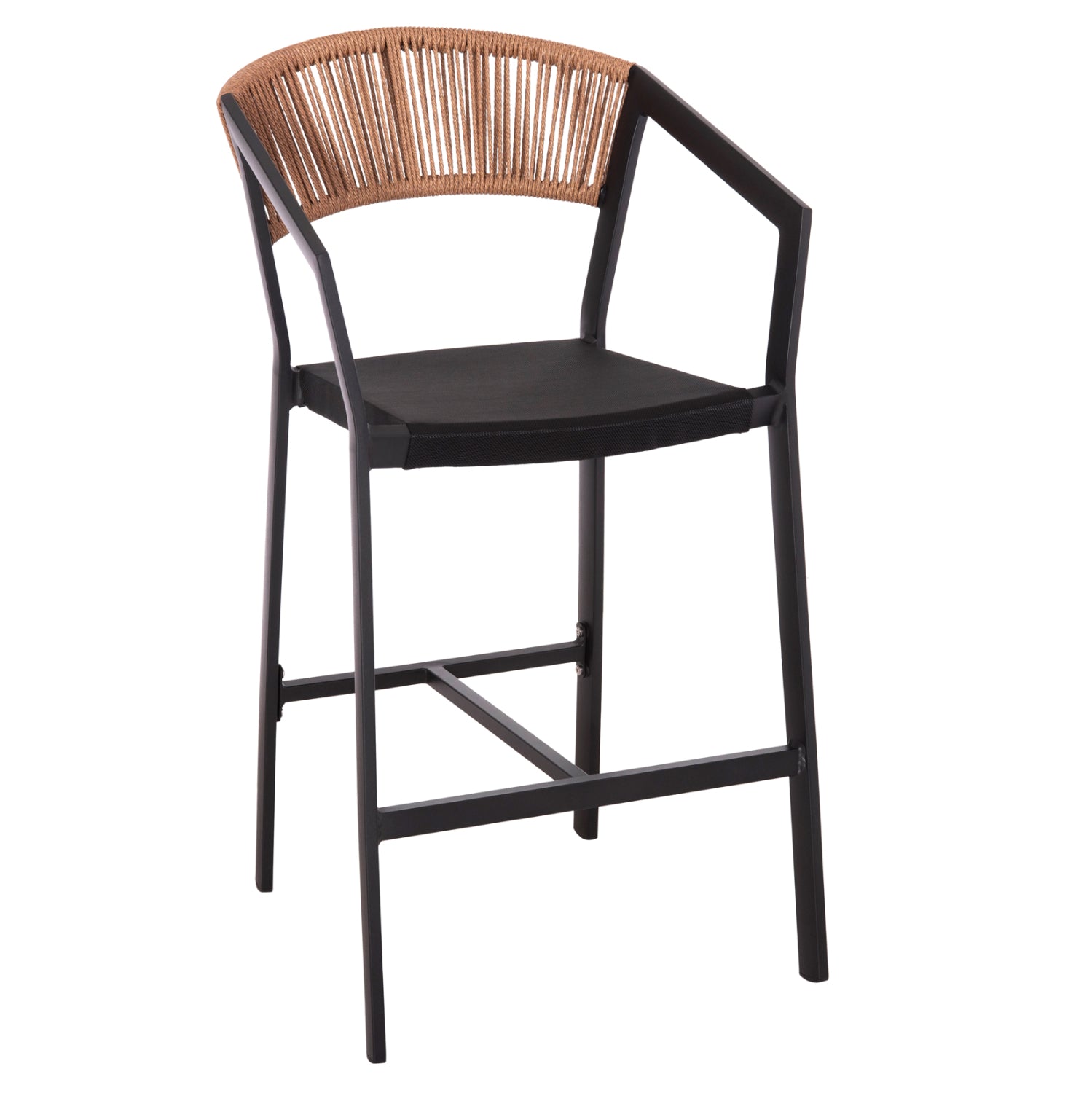 BAR STOOL ALUMINUM BLACK HM5892.15 MED.HEIGHT BLACK TEXTLINE&BEIGE RATTAN 55x56.5x99Hcm.