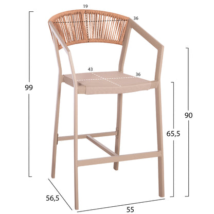 BAR STOOL ALUMINUM CHAMPAGNE HM5892.13 MEDIUM HEIGHT WITH ARMS-RATTAN & TEXTLINE 55x56.5x99Hcm.