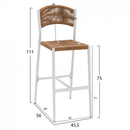 ALUMINUM BAR STOOL WHITE WITH PE ROPE BEIGE HM5789.01 45,5x56x111 cm.