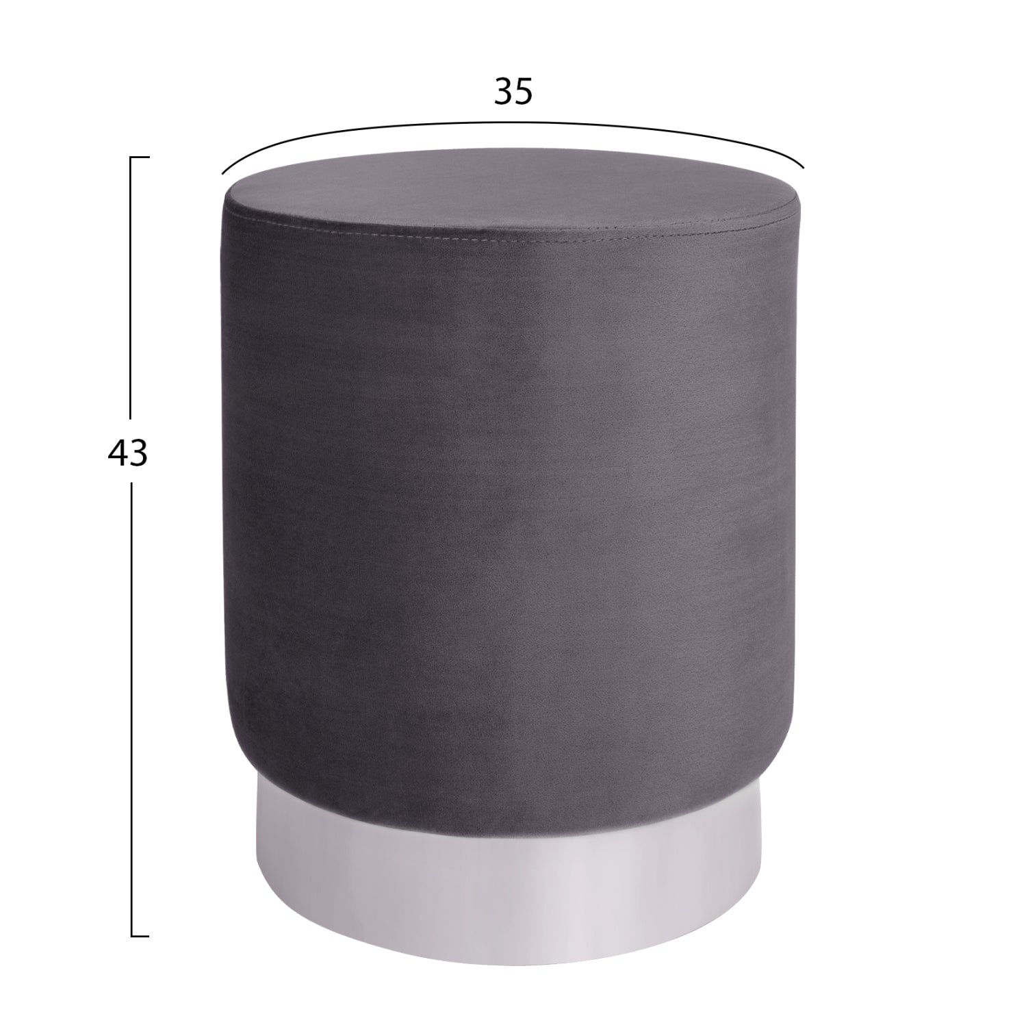 Velvet stool Levy HM8408.01 grey with silver base ''35x43cm