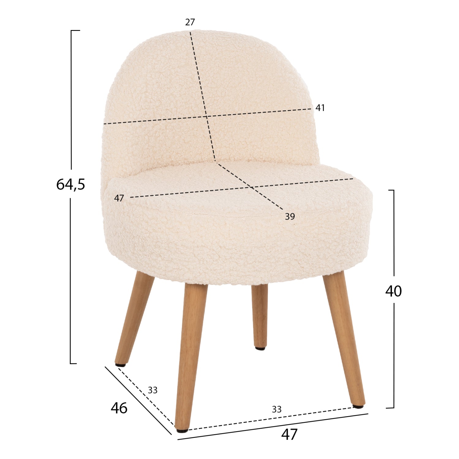 STOOL YASMINE HM8395.23 LOW BACKREST- BOUCLE FABRIC IN WHITE COLOR-WOODEN LEGS 47x46x64,5Hcm.