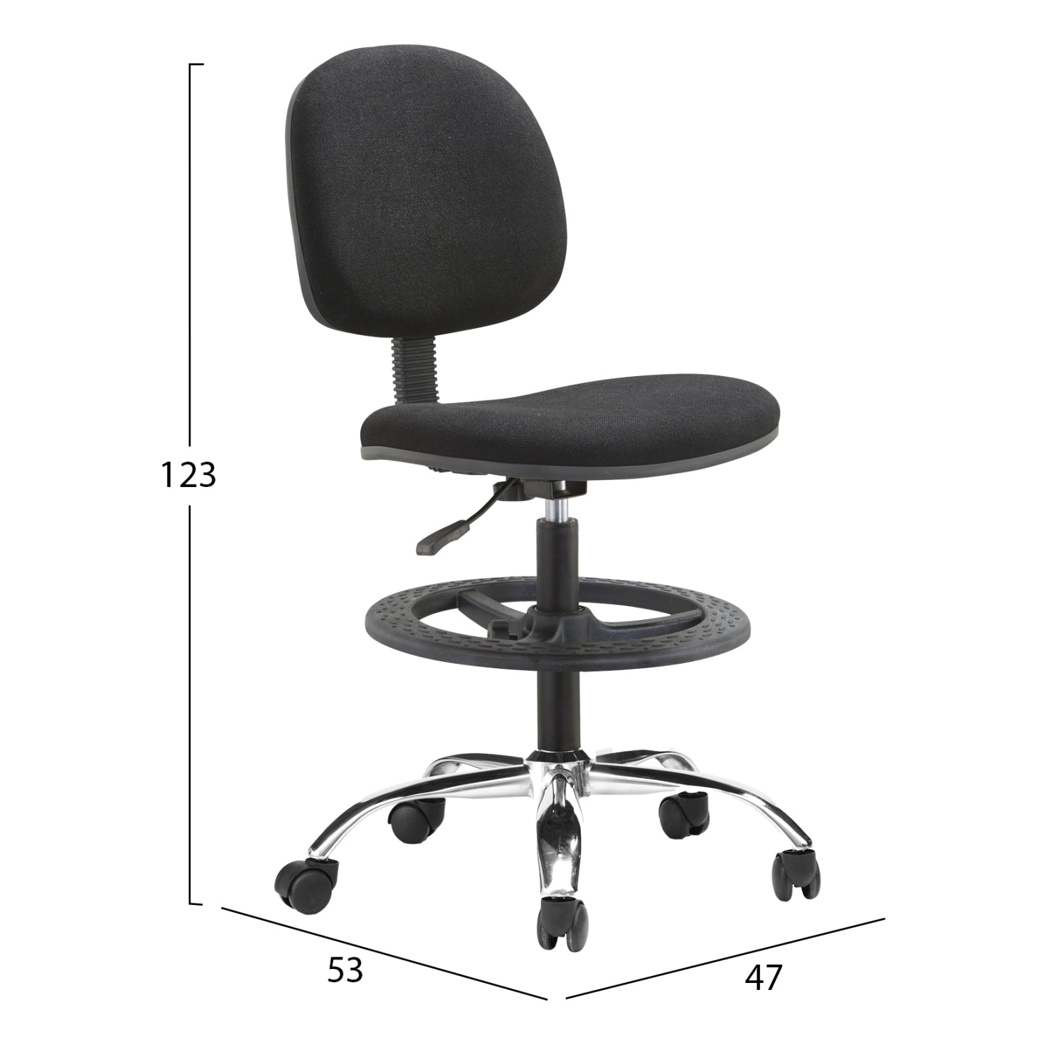 WORK STOOL WITH FOOTREST DROMEN HM1210.01 BLACK FABRIC - CHROMED BASE 48x60x130Hcm.