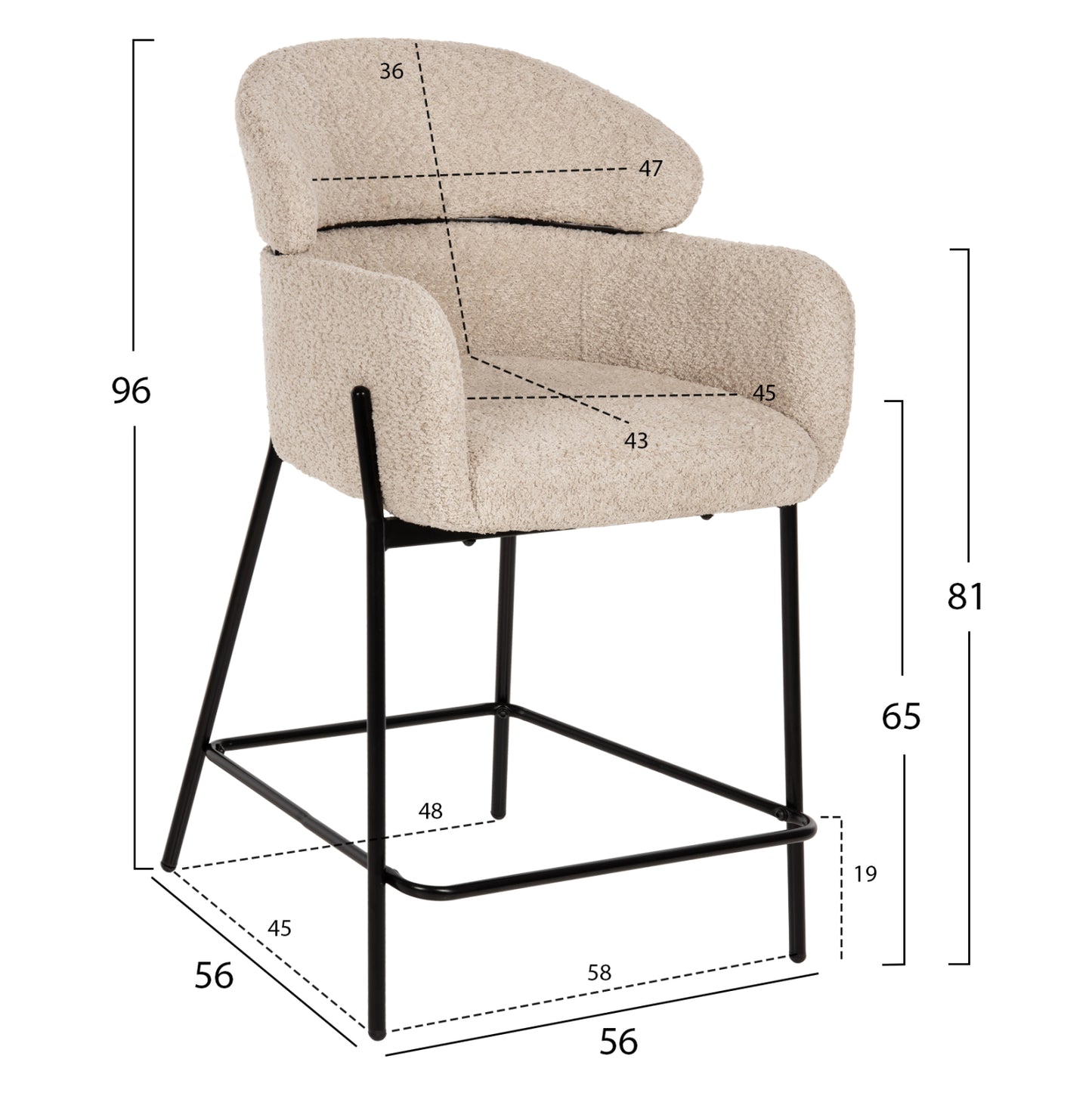 BAR STOOL MEDIUM HEIGHT WOLF HM8584.02 ECRU BOUCLE FABRIC-BLACK METAL LEGS 56x57x98Hcm.