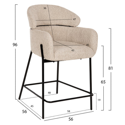 BAR STOOL MEDIUM HEIGHT WOLF HM8584.02 ECRU BOUCLE FABRIC-BLACK METAL LEGS 56x57x98Hcm.
