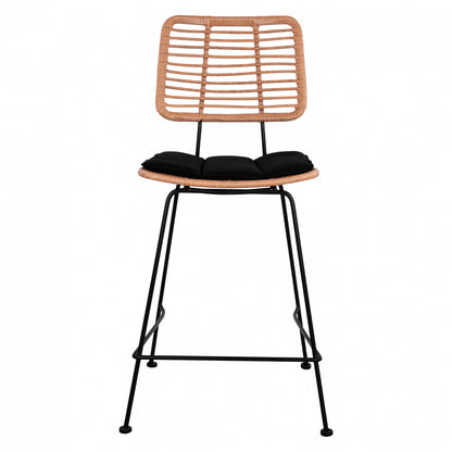 Metal Stool with pillow Allegra HM5644 with wicker in beige color 55x56x107 εκ.