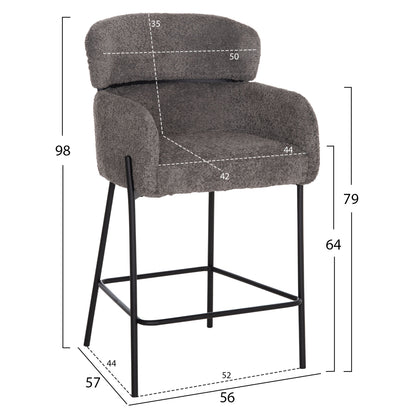 BAR STOOL MEDIUM HEIGHT WOLF HM8584.01 GREY BOUCLE FABRIC-BLACK METAL LEGS 56x57x98Hcm.
