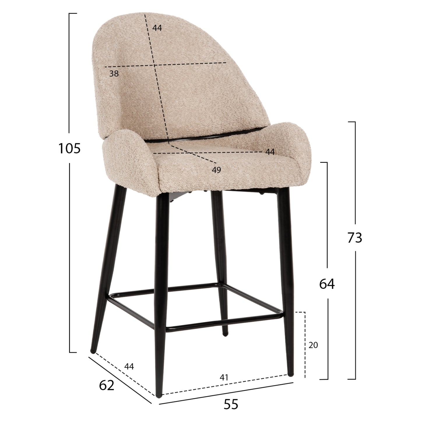BAR STOOL MEDIUM HEIGHT HM8586.02 ECRU BOUCLE FABRIC-BLACK METAL LEGS 55x62x105H cm.
