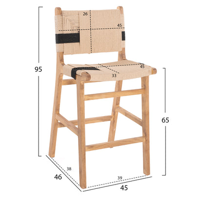 BARSTOOL MEDIUM-HEIGHT HM9325.01 RUBBERWOOD & ROPE- NATURAL RUSTIC COLOR 45x46x95Hcm.