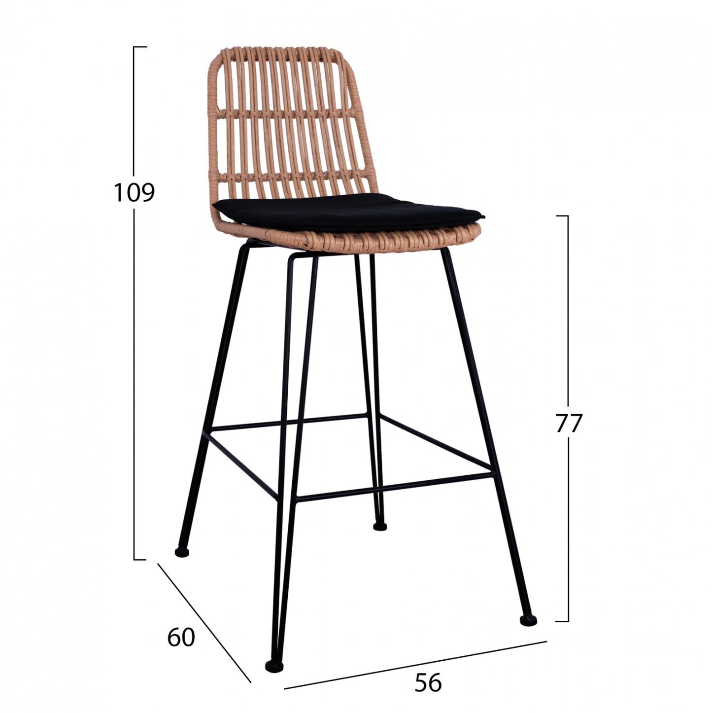 Metallic Stool with pillow Allegra HM5452 with wicker in beige color 56x60x109cm