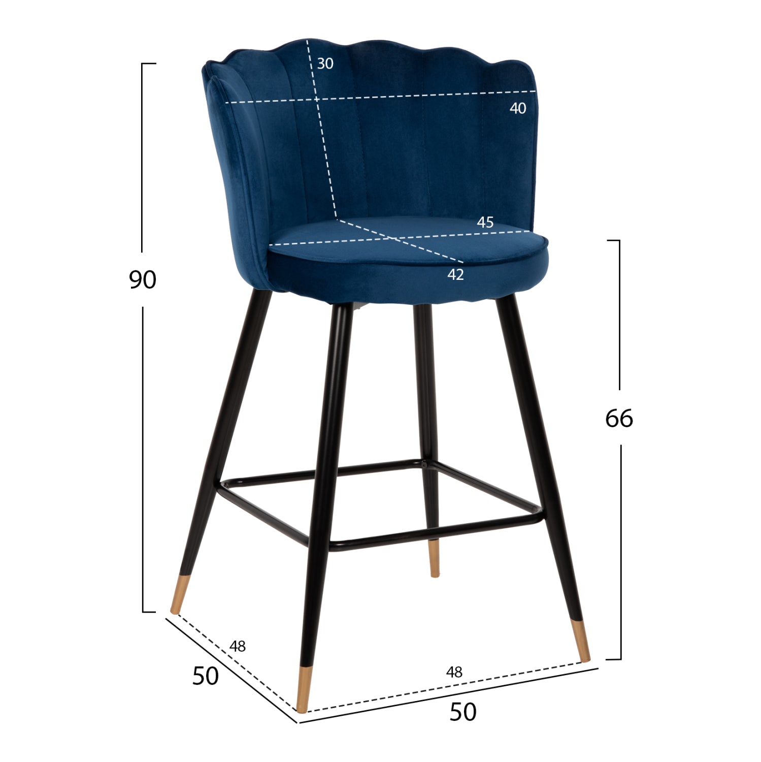 BAR STOOL VESNA HM8736.08 BLUE VELVET METAL FRAME IN BLACK 50x50x90Hcm.