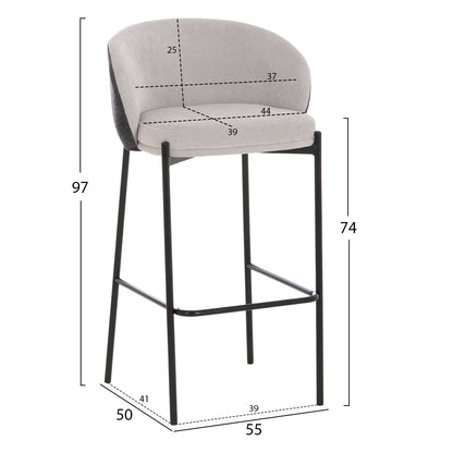 BAR STOOL DETTON HM18430.01 GREY FABRIC--BLACK METAL FRAME 55x50x97Hcm.