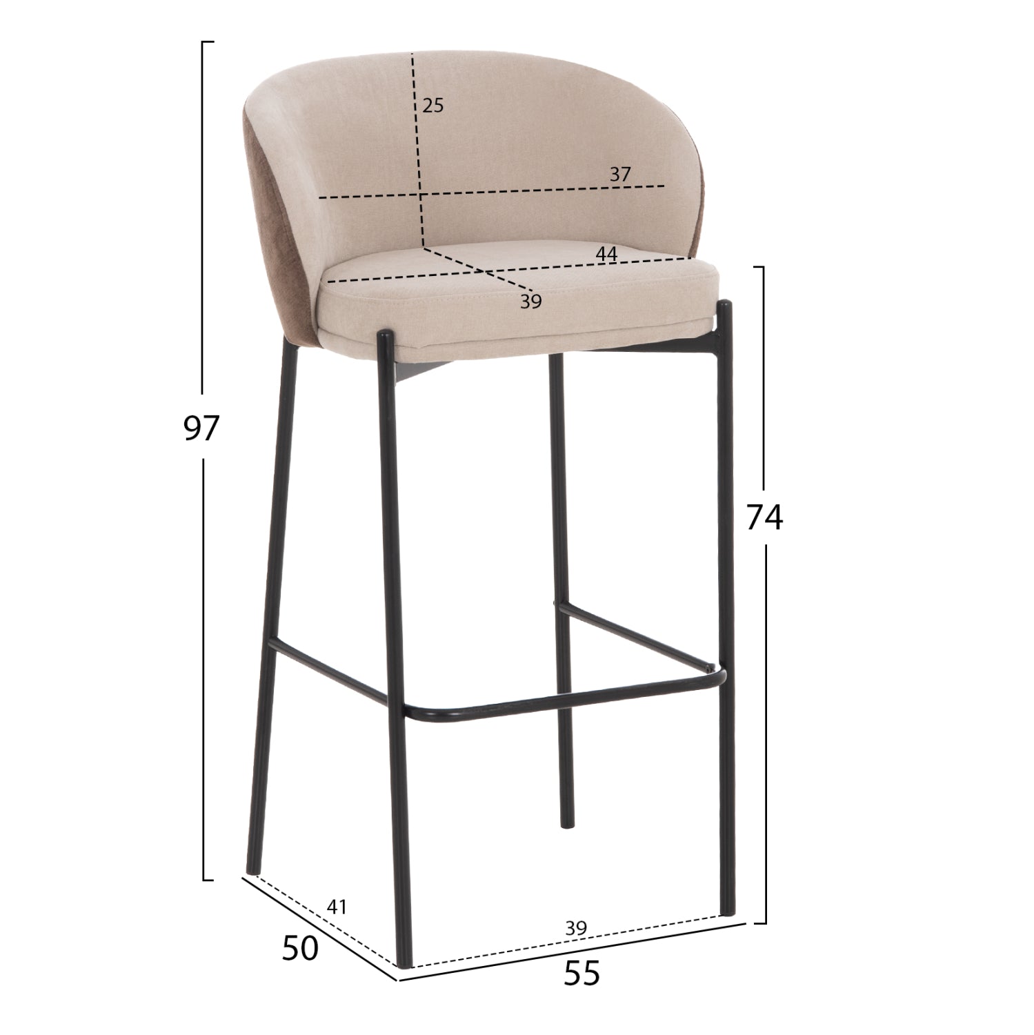 BAR STOOL DETTON HM18430.02 BEIGE/BROWN FABRIC--BLACK METAL FRAME 55x50x97Hcm.