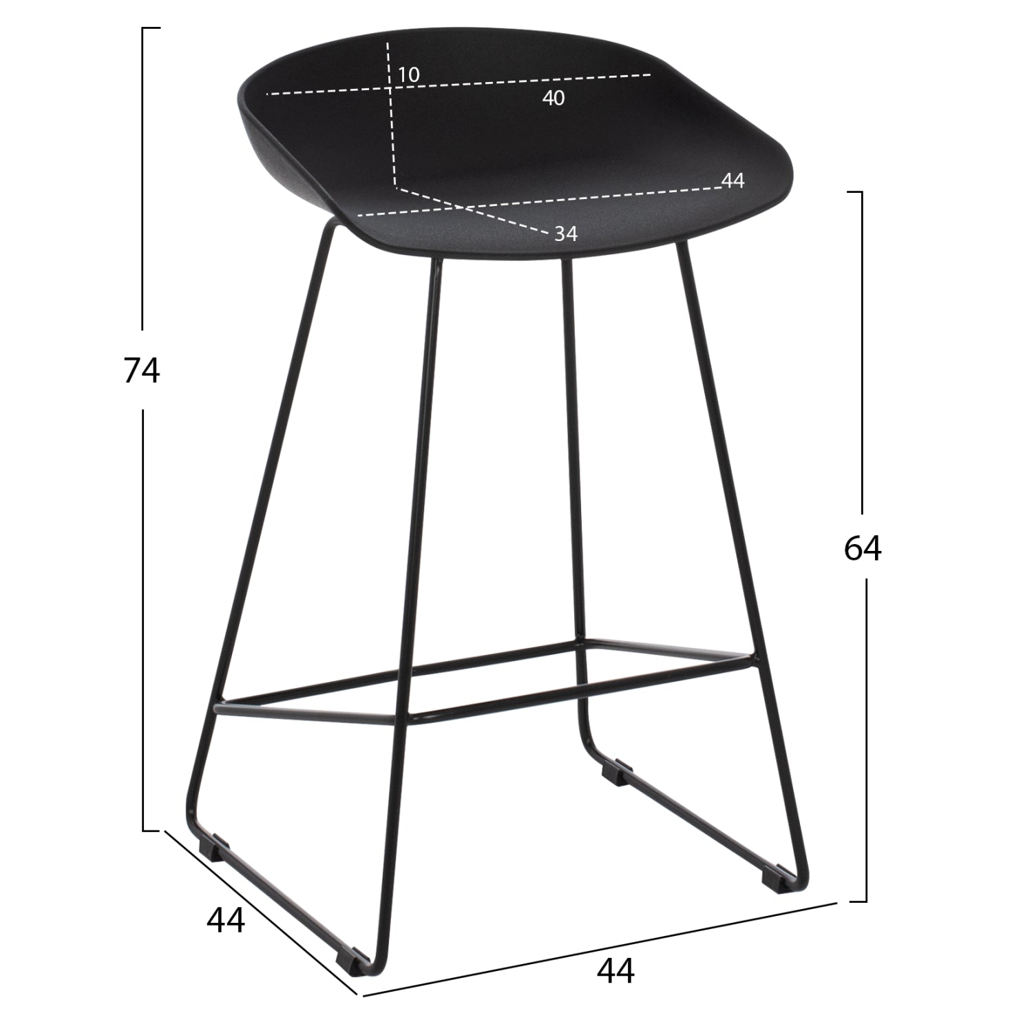 BAR STOOL HM9299.02, BLACK, MEDIUM HEIGHT, 44x44x74