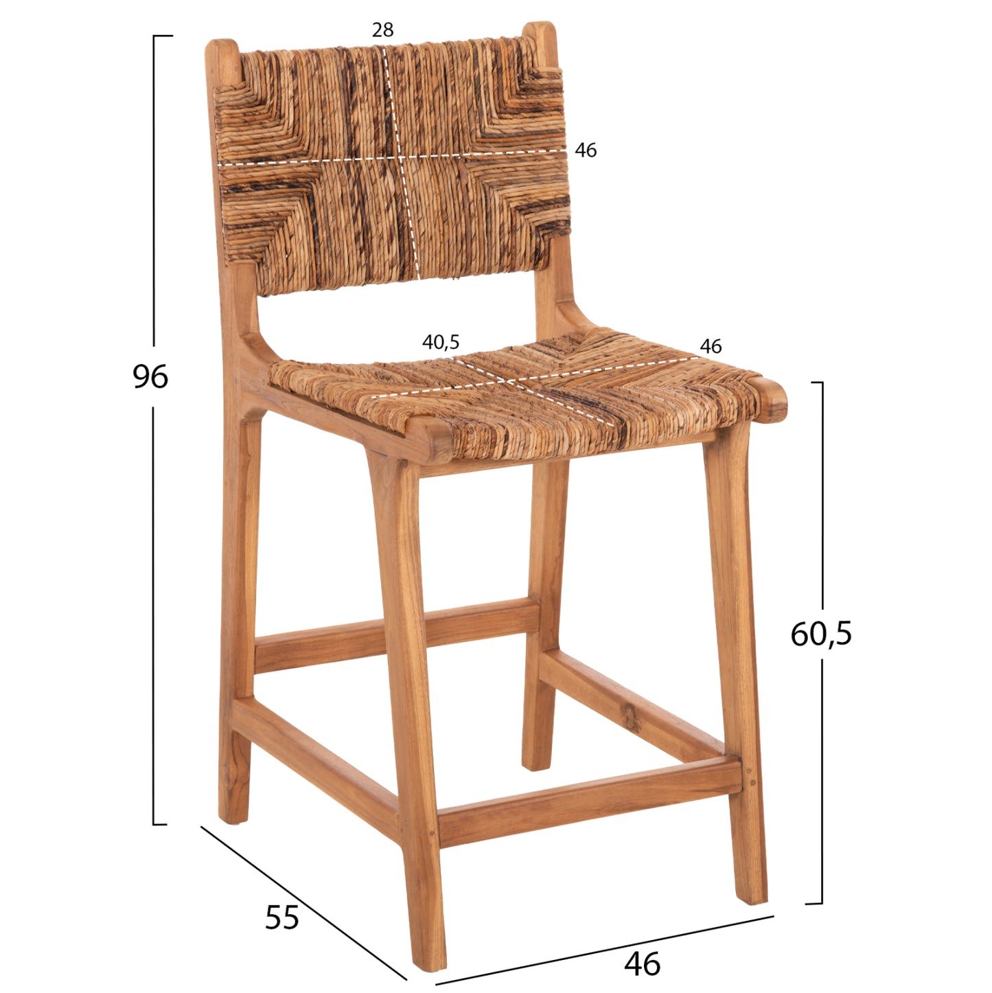 BAR STOOL WALTER HM9842 TEAK WOOD IN NATURAL-RUSH MATT 46x55x96Hcm.