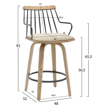 BAR STOOL JUDI HM9985.01 PLYWOOD IN WHITEWASH-BLACK METAL-BEIGE FABRIC 48x52x92Hcm.