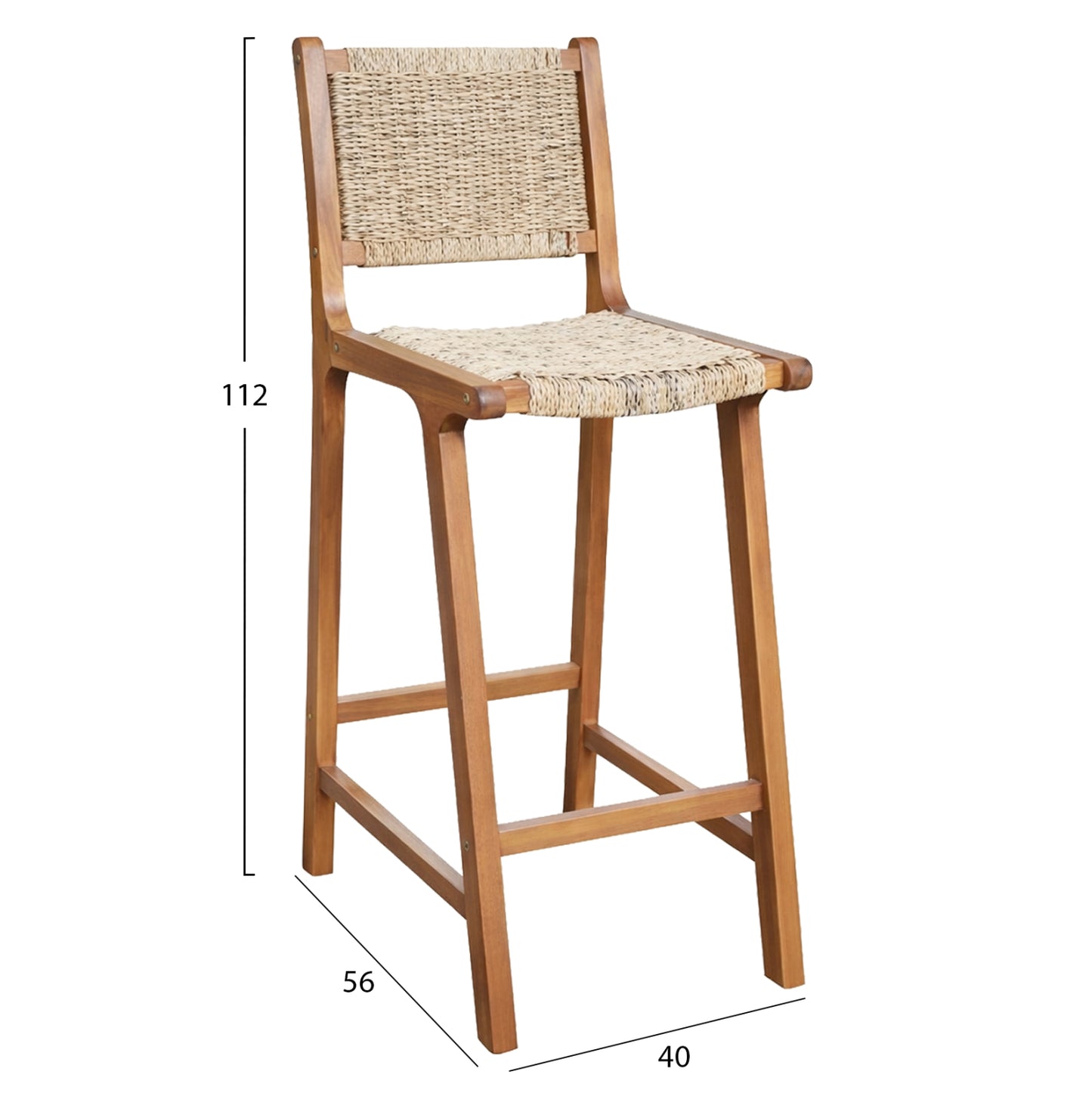 BAR STOOL WITH BACKREST RUEN HM6515 ACACIA WOOD IN NATURAL-TWIST WICKER 40x56x112Hcm.