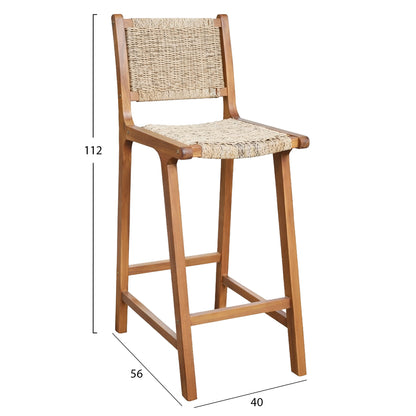 BAR STOOL WITH BACKREST RUEN HM6515 ACACIA WOOD IN NATURAL-TWIST WICKER 40x56x112Hcm.