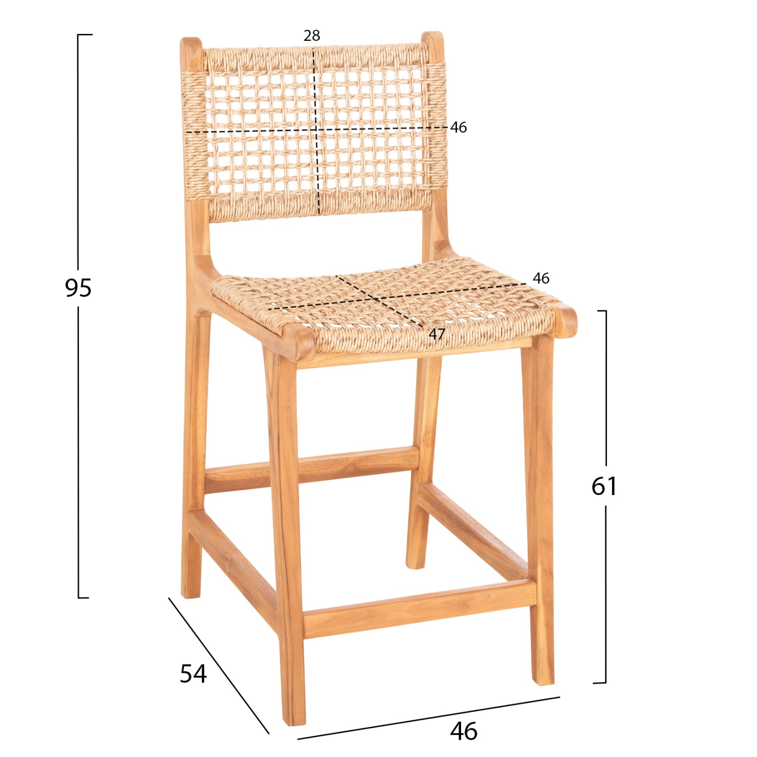 BAR STOOL WITH BACKREST NESHA HM9381.11 TEAK WOOD & VIRO ROPE 46x48.5x96Η cm.