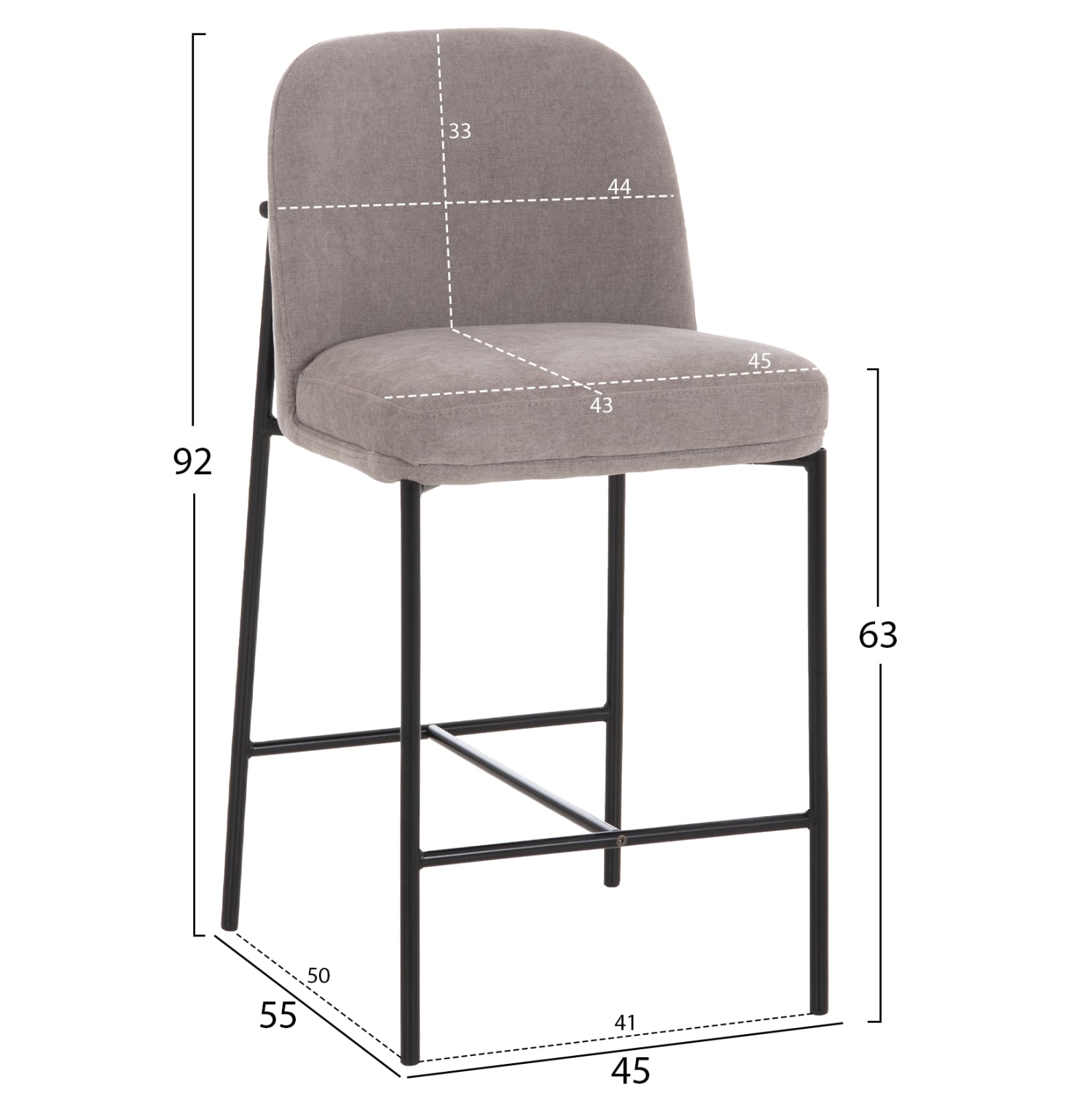 BAR STOOL MED.HEIGHT MANIDO HM18427.01 GREY FABRIC--BLACK METAL FRAME 45x55x92Hcm.