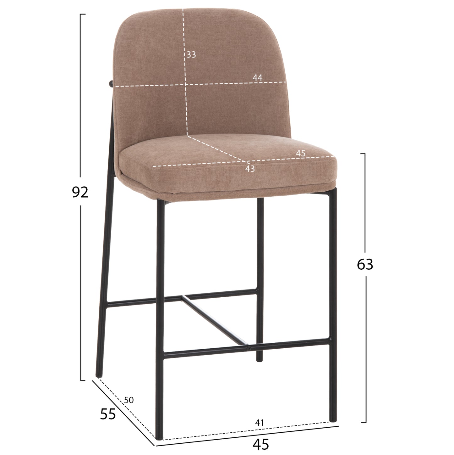 BAR STOOL MED.HEIGHT MANIDO HM18427.02 TAUPE FABRIC--BLACK METAL FRAME 45x55x92Hcm.