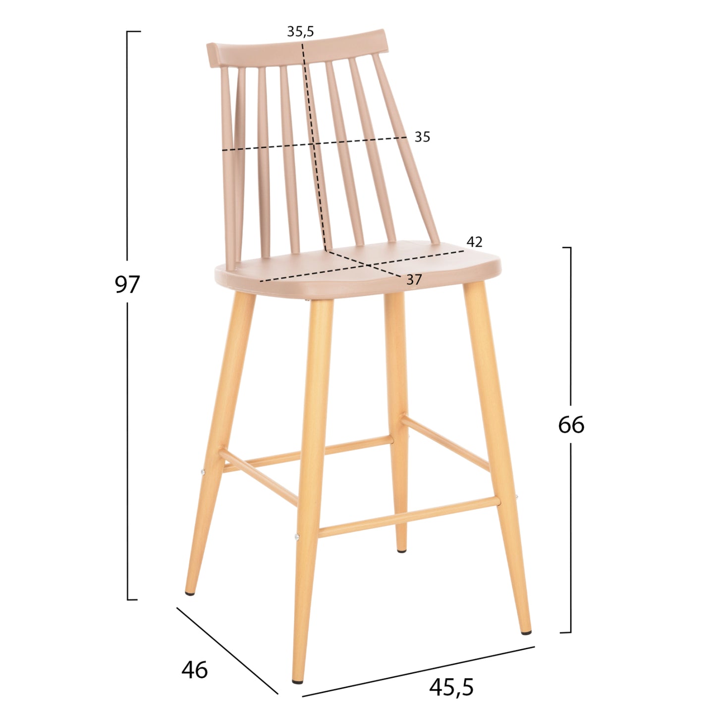 BAR STOOL MEDIUM HEIGHT VANESSA HM9300.25 CAPPUCCINO PP & METAL LEGS IN WOOD COLOR 45,5x46x97Hcm.
