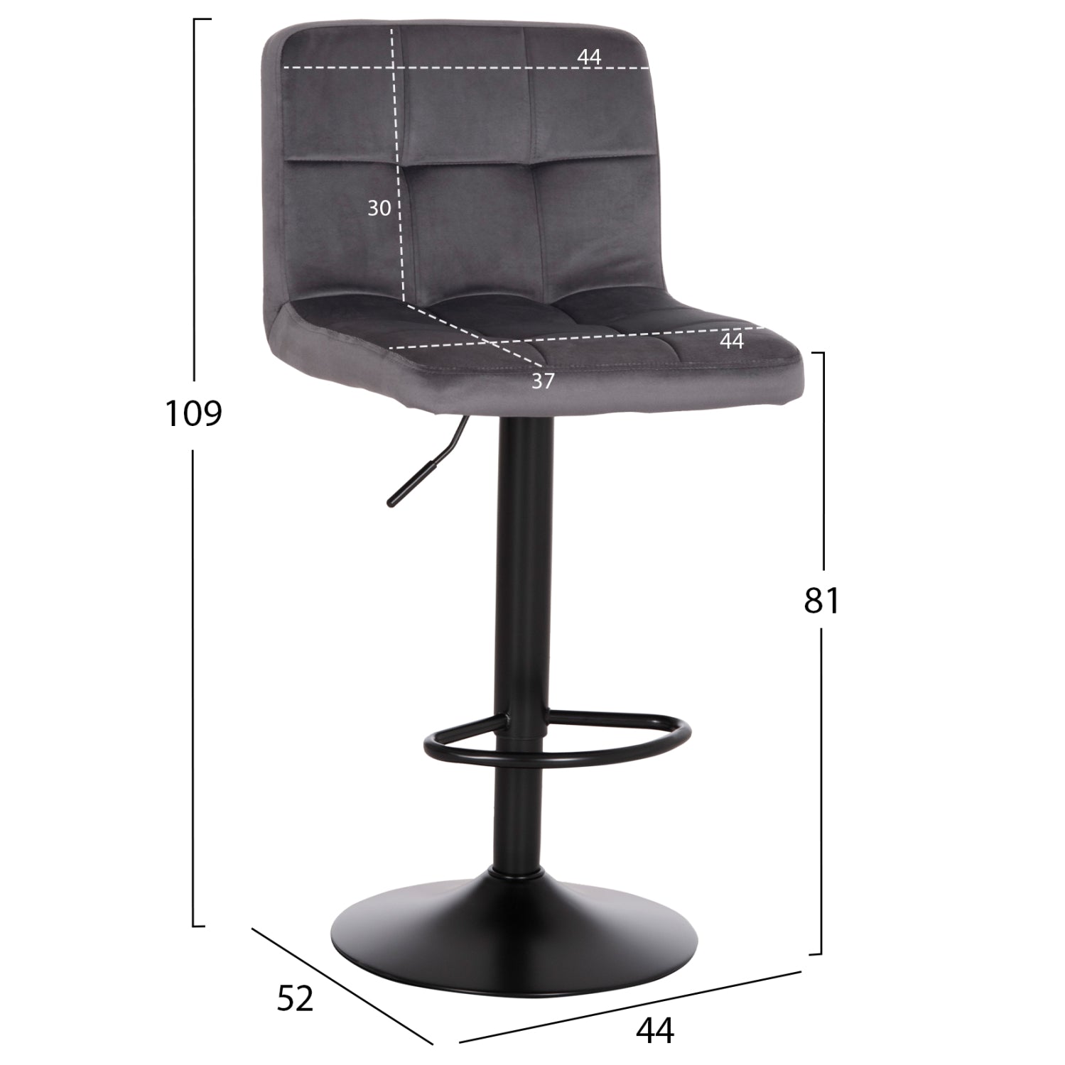 BAR STOOL SWIVELING DIANA HM202.41 GREY VELVET--BLACK MATTE METAL 44x52x109Hcm.