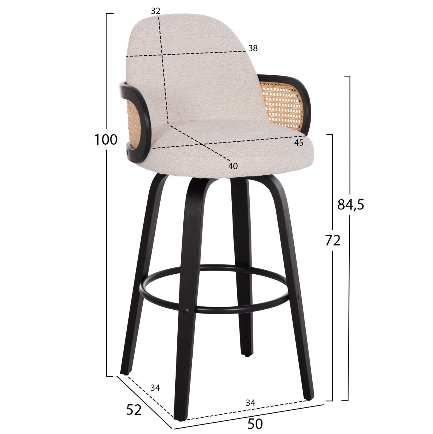 BAR STOOL SWIVEL BECKER HM18251.02 PLYWOOD IN BLACK--FABRIC IN ECRU 50x52x100Hcm.