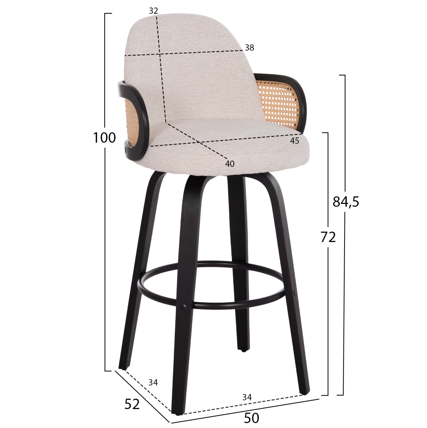 BAR STOOL SWIVEL BECKER HM18251.02 PLYWOOD IN BLACK--FABRIC IN ECRU 50x52x100Hcm.