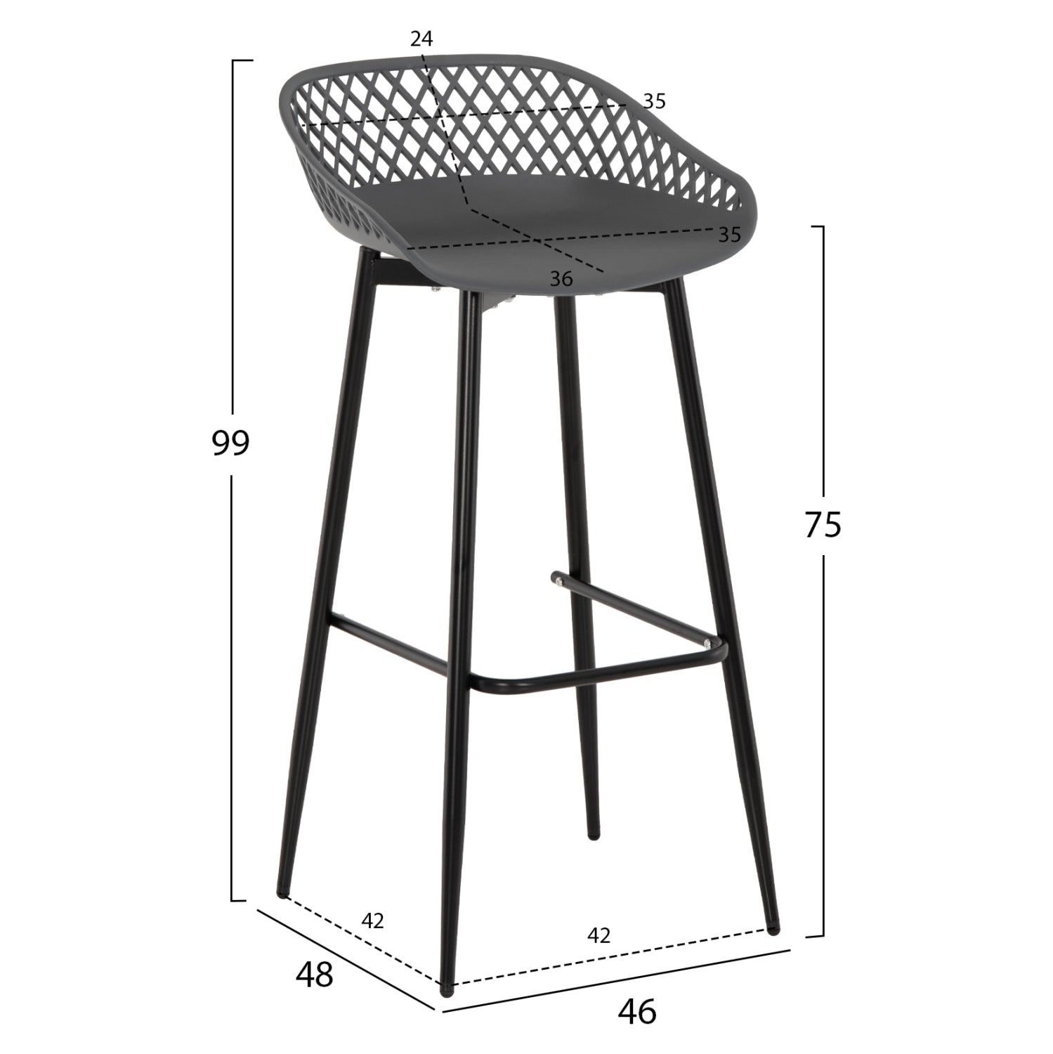 BAR STOOL AVAYA HM8686.20 GREY POLYPROPYLENE-BLACK METAL LEGS 46x48x99Hcm.