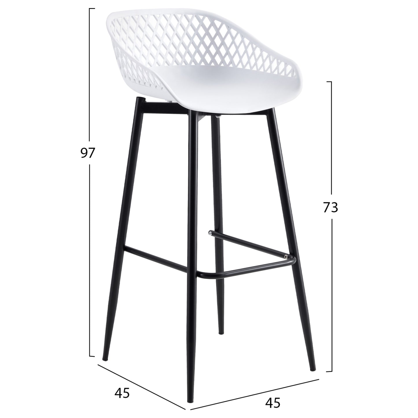 BAR STOOL HM8686.11 WHITE POLYPROPYLENE AND BLACK METAL LEGS 45x45x97Hcm.